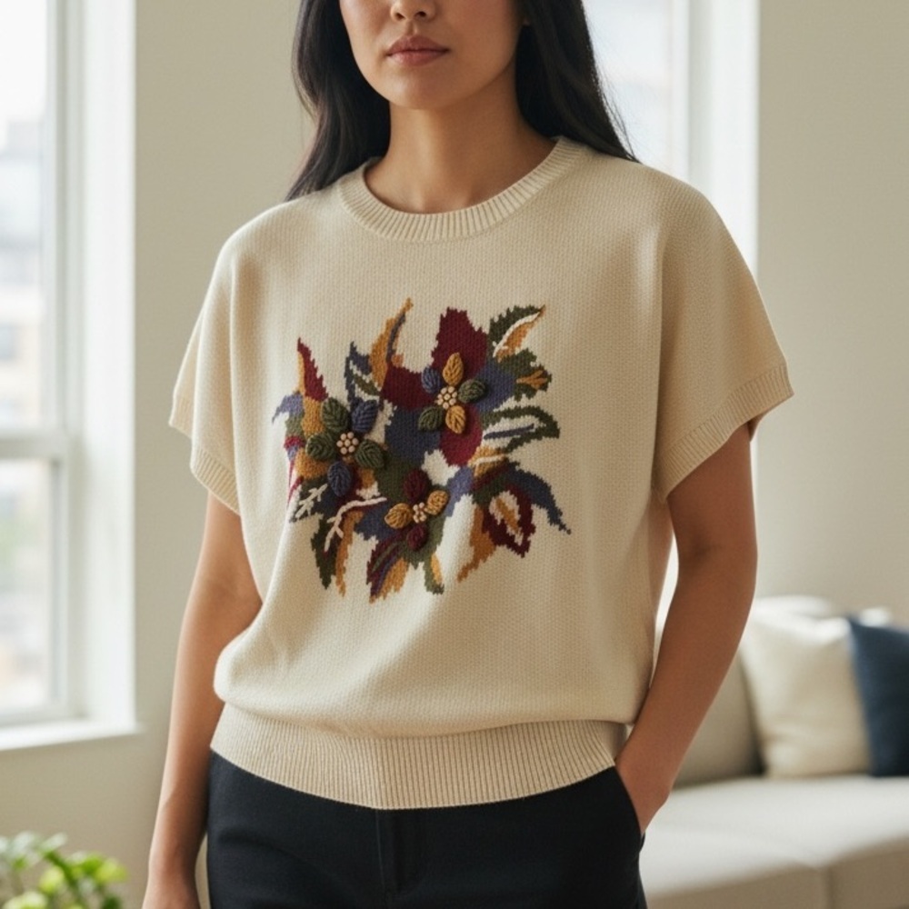 Vintage (S) MISTER LEONARD Floral Embroidered Cream Knit Sweater Top Wood Beads - Picture 13 of 13